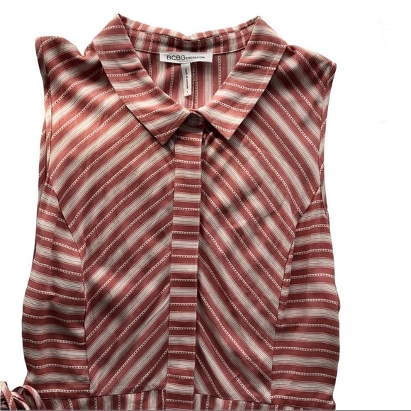 BCBGeneration Tiered Sleeveless Striped Mini, Collar shirt dress Pink Large - Picture 2 of 9